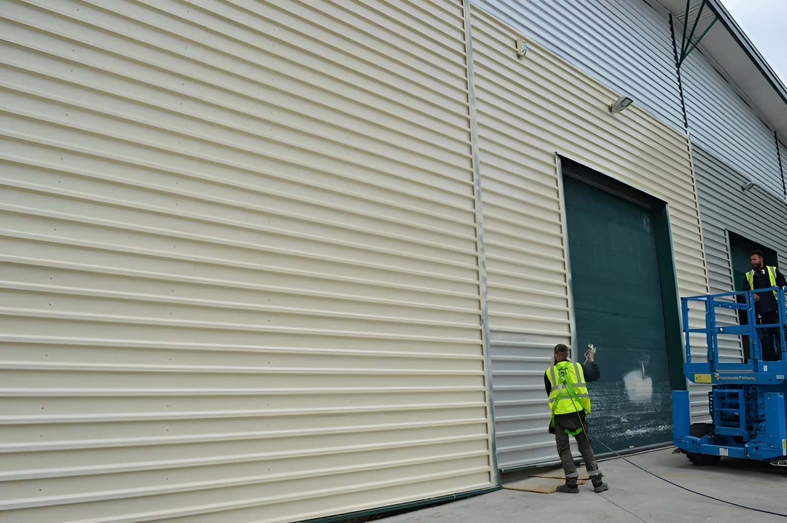 Cladding spraying on warehouse with vanilla colour